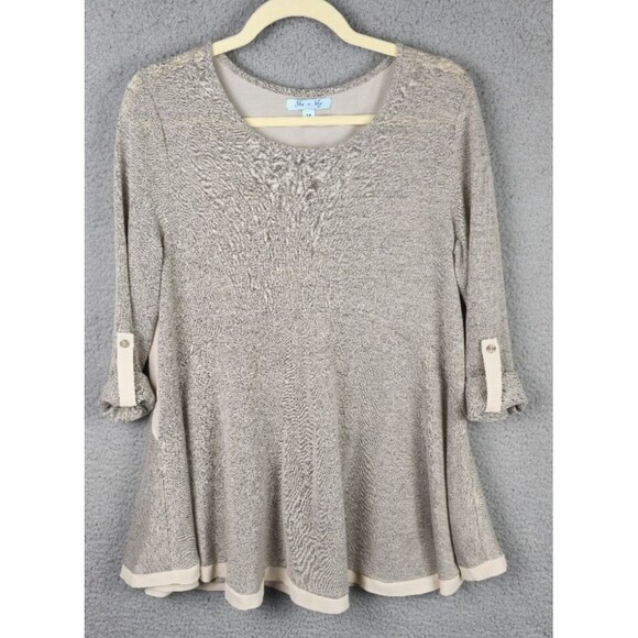 She + Sky Tunic Top Womens M Gray Beige Knit Semi Sheer Back Roll Tab Flowy - Picture 11 of 13